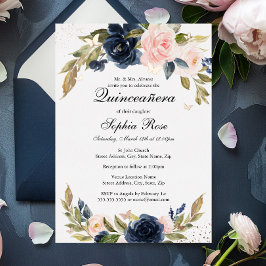 ROOS GOUDEN FOIL Roze Navy Bloemen Quinceanera Folie Uitnodiging