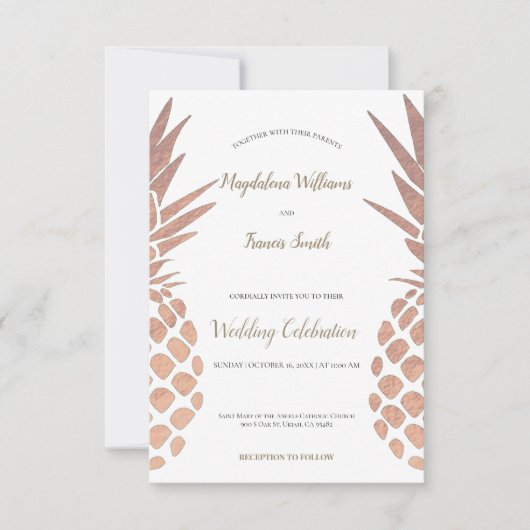 roos gouden folie ananas bruiloft kaart (Voorkant)