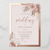 Roos Gouden Folie Blush Bloemen Met Border Wedding Folie Uitnodiging (Voorkant)