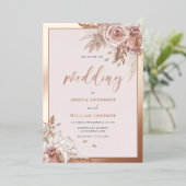 Roos Gouden Folie Blush Bloemen Met Border Wedding Folie Uitnodiging (Staand Voorkant)