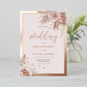 Roos Gouden Folie Blush Bloemen Met Border Wedding Uitnodiging