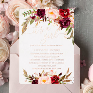 ROOS GOUDEN FOLIE Blush Bourgondië Bloemen Baby sh Uitnodiging