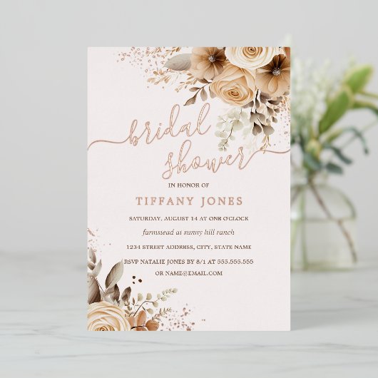 ROOS GOUDEN FOLIE Boho Bloemen Vrijgezellenfeest Folie Uitnodiging (Staand Voorkant)