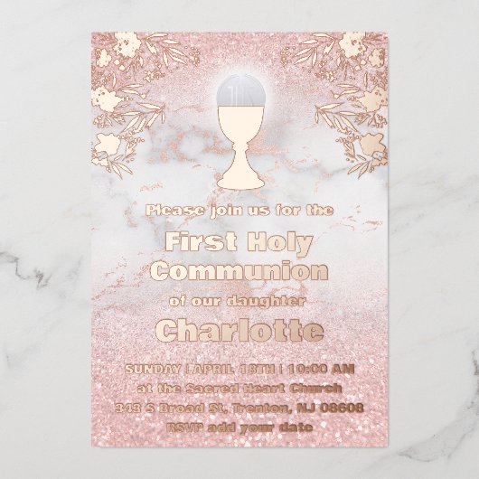 roos gouden folie details First Holy Communion Folie Uitnodiging (Voorkant)