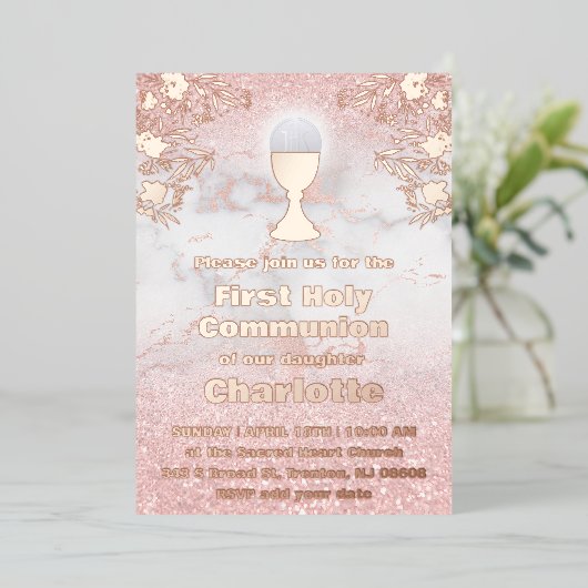 roos gouden folie details First Holy Communion Folie Uitnodiging (Staand Voorkant)