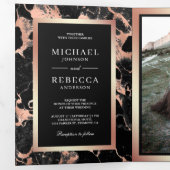 Roos Gouden Folie Houtskool Zwart Marmer Foto Brui Drieluik Uitnodiging (Binnenzijde eerst)