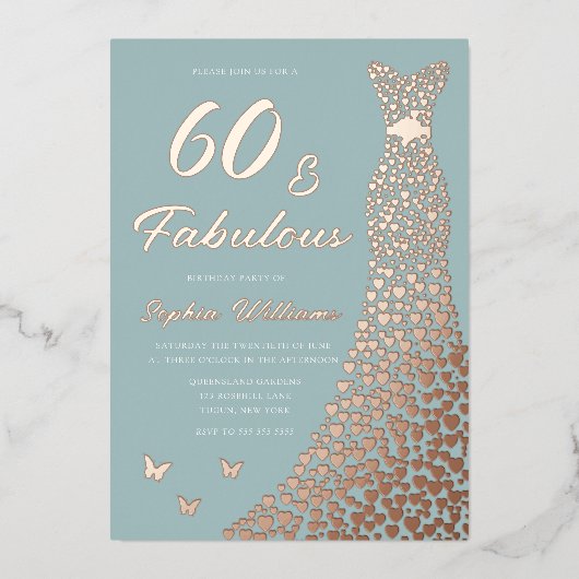 Roos Gouden Folie Jurk 60 & Fabulous 60th Verjaard Folie Uitnodiging (Voorkant)