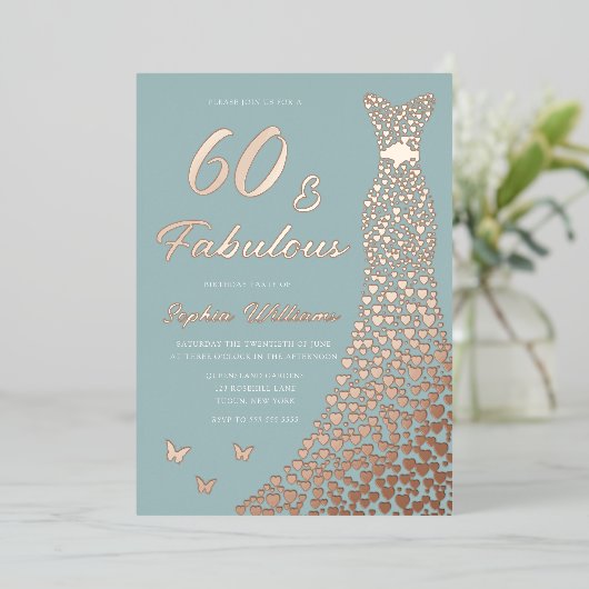 Roos Gouden Folie Jurk 60 & Fabulous 60th Verjaard Folie Uitnodiging (Staand Voorkant)
