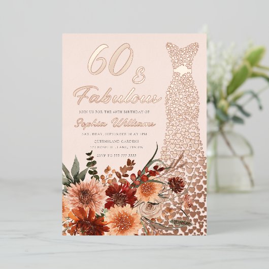 Roos Gouden Folie Jurk Boho Floral 60e Verjaardag Folie Uitnodiging (Staand Voorkant)