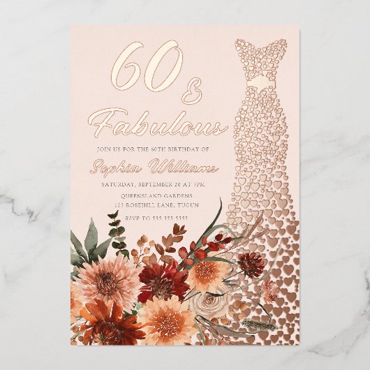 Roos Gouden Folie Jurk Boho Floral 60e Verjaardag Uitnodiging (Voorkant)