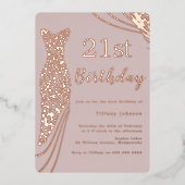 Roos Gouden Folie Jurk Roze Elegant 21e Verjaardag Folie Uitnodiging (Voorkant)