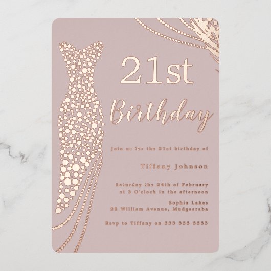 Roos Gouden Folie Jurk Roze Elegant 21e Verjaardag Folie Uitnodiging (Voorkant)