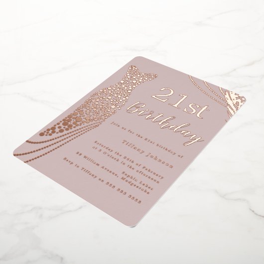 Roos Gouden Folie Jurk Roze Elegant 21e Verjaardag Folie Uitnodiging (Gedraaid)