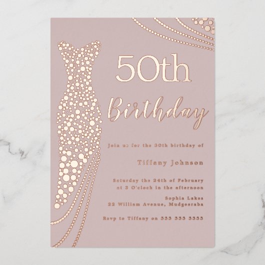 Roos Gouden Folie Jurk Roze Elegant 50e Verjaardag Folie Uitnodiging (Voorkant)