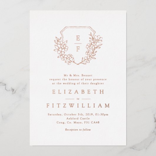 Roos Gouden Folie Kersenbloesem Bloom Monogram Cre Folie Uitnodiging (Voorkant)