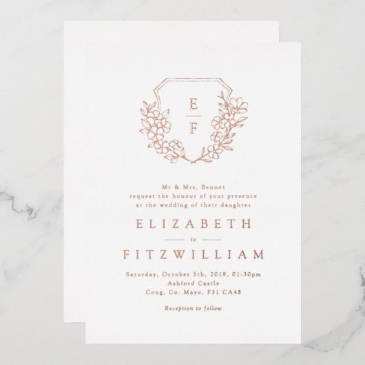 Roos Gouden Folie Kersenbloesem Bloom Monogram Cre Uitnodiging (Voorkant / Achterkant)