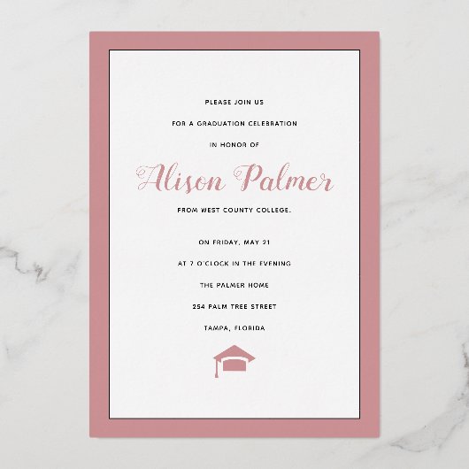 Roos gouden folie Klasse van 2023 scriptfoto Folie Uitnodiging (Achterkant)