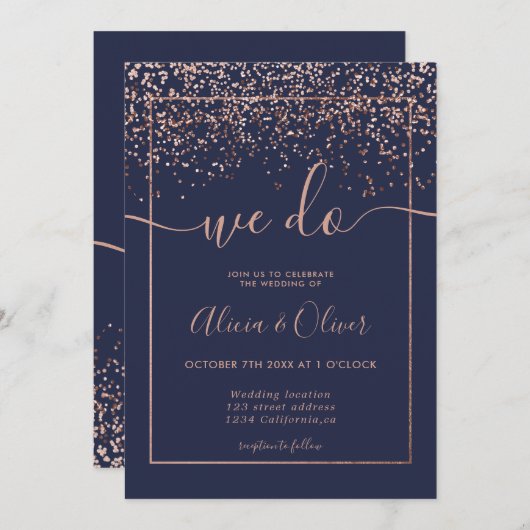 Roos gouden folie marineblauw chic initialen bruil kaart (Voorkant / Achterkant)