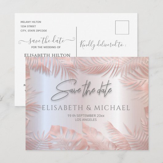 Roos gouden folie metallic tropische bladeren roma aankondigingskaart (Voorkant / Achterkant)