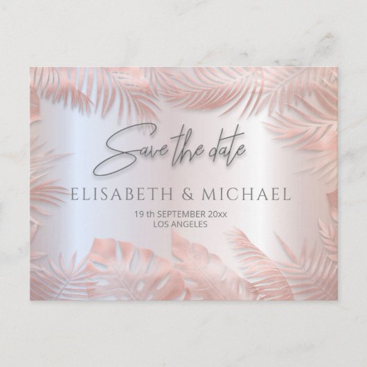 Roos gouden folie metallic tropische bladeren roma aankondigingskaart (Voorkant)