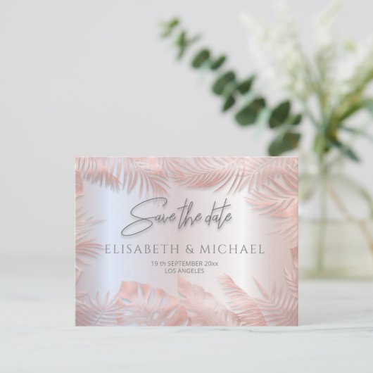 Roos gouden folie metallic tropische bladeren roma aankondigingskaart (Staand voorkant)