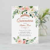 ROOS GOUDEN FOLIE Roze Bloemen Quinceanera Folie Uitnodiging (Staand Voorkant)