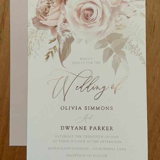 Roos Gouden Folie Stoffig Roze Blush Bloemen Bruil Folie Uitnodiging