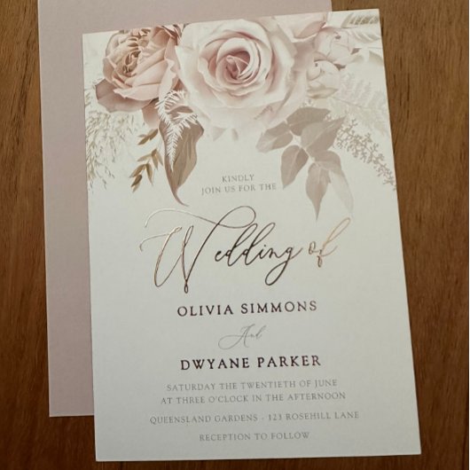 Roos Gouden Folie Stoffig Roze Blush Bloemen Bruil Folie Uitnodiging