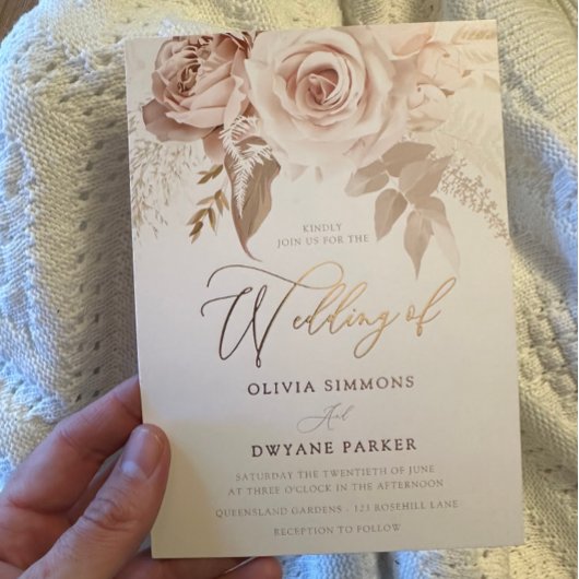 Roos Gouden Folie Stoffig Roze Blush Bloemen Bruil Folie Uitnodiging