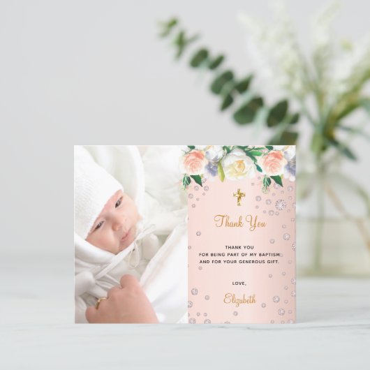 Roos gouden foto budget doop dank u kaart (Staand voorkant)