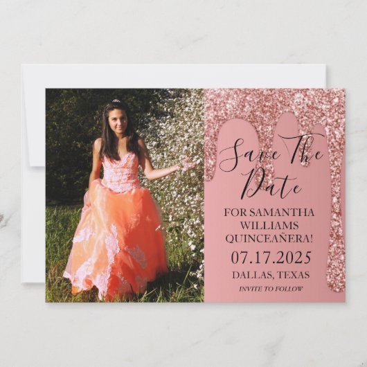 Roos gouden foto glitter druppels quinceanera save the date (Voorkant)