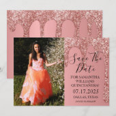Roos gouden foto glitter druppels quinceanera save the date (Voorkant / Achterkant)