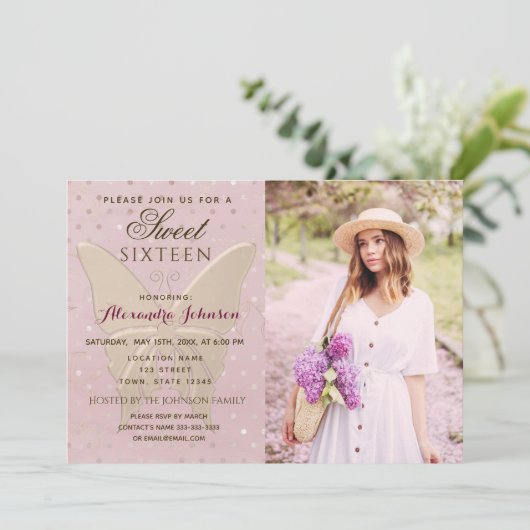 Roos Gouden Foto Sweet 16 Verjaardag Kaart (Staand voorkant)