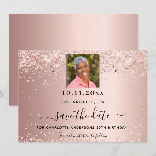 Roos gouden foto verjaardag save the date (Voorkant / Achterkant)