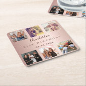 Roos gouden fotocollage verjaardagsfeestje kartonnen onderzetters (Schuin)