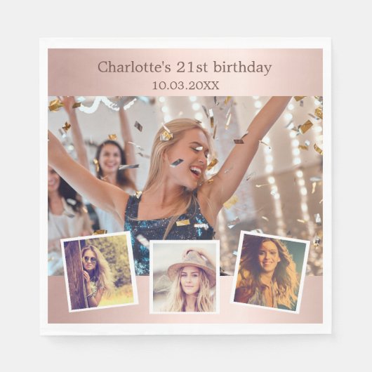 Roos gouden fotocollage verjaardagsfeestje servet (Voorkant)