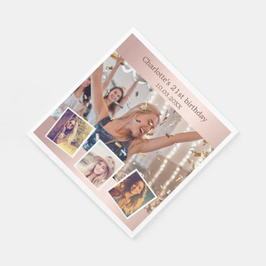 Roos gouden fotocollage verjaardagsfeestje servet (Hoek)
