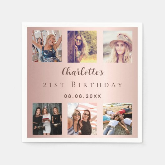 Roos gouden fotocollage verjaardagsfeestje servet (Voorkant)