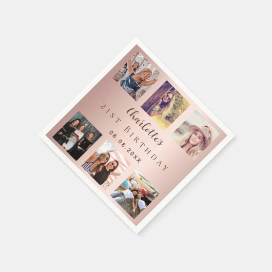 Roos gouden fotocollage verjaardagsfeestje servet (Hoek)