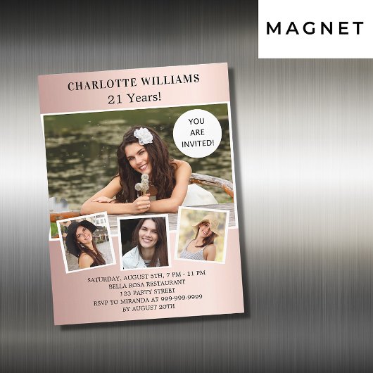 Roos gouden foto's collage luxe op jaardag magnetische uitnodiging