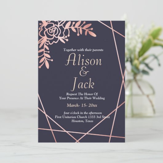 Roos gouden geometrisch lijst marineblauw bruiloft kaart (Staand voorkant)