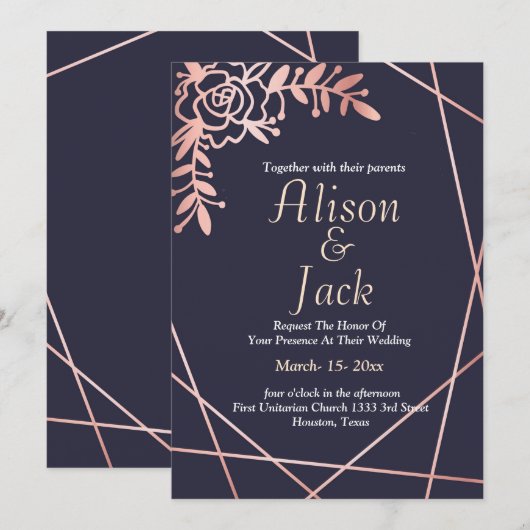 Roos gouden geometrisch lijst marineblauw bruiloft kaart (Voorkant / Achterkant)