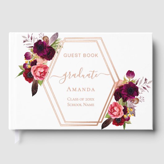 Roos gouden geometrische bordeauxrode bloemen Afst Gastenboek (Voorkant)