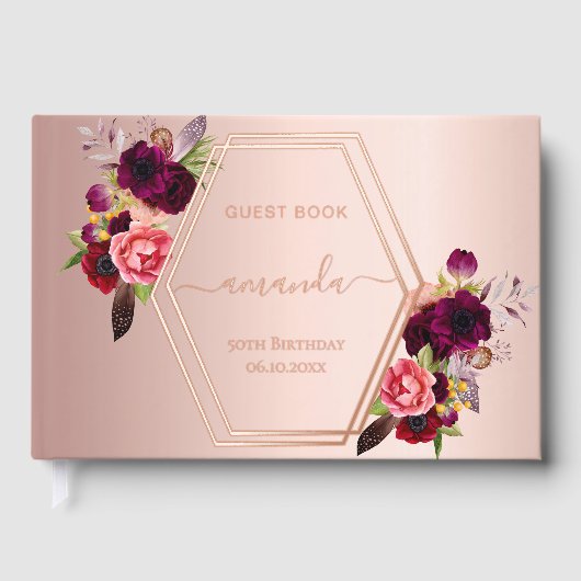 Roos gouden geometrische bordeauxrode bloemen Verj Gastenboek (Voorkant)