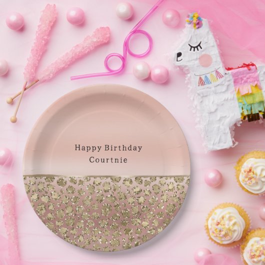 Roos Gouden Glam Glitter Luipaard Papieren Bordje (Feest)