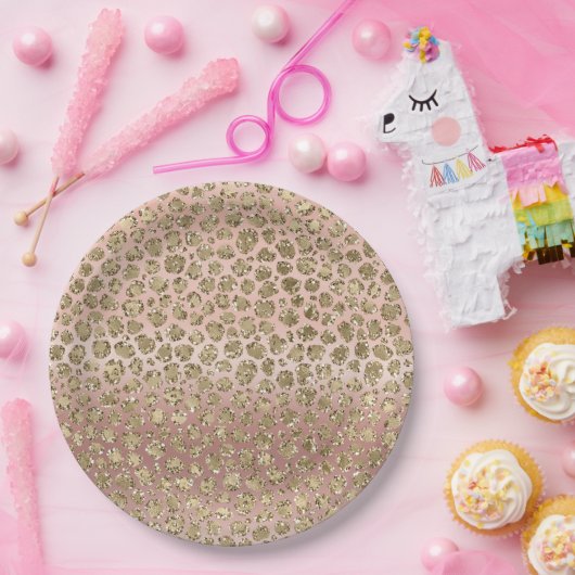 Roos Gouden Glam Glitter Luipaard Papieren Bordje (Feest)