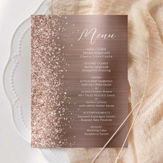 Roos Gouden Glam Glitter Script Bruiloft Menu