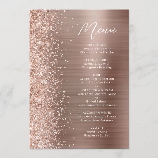 Roos Gouden Glam Glitter Script Bruiloft Menu (Voorkant)