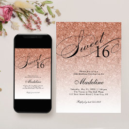 Roos Gouden Glam Glitter Sweet 16 Invitation Kaart