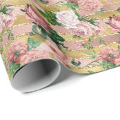 Roos Gouden Glam Glitz Rozen Bloemenstrepen Cadeaupapier (Rol Hoek)